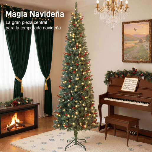 HOMCOM Árvore de Natal Slim 230 cm Árvore de Natal Artificial com Luzes LED Branco Quente 8 Modos de Iluminação 761 Ramos com Purpurina Prateada Pinhas Bagas e Suporte Metálico Verde
