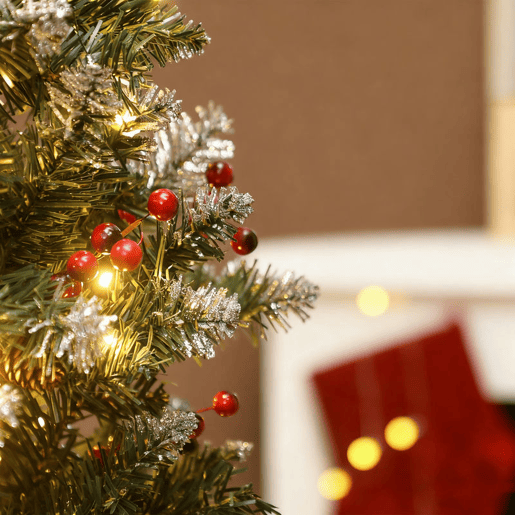 HOMCOM Árvore de Natal Slim 230 cm Árvore de Natal Artificial com Luzes LED Branco Quente 8 Modos de Iluminação 761 Ramos com Purpurina Prateada Pinhas Bagas e Suporte Metálico Verde