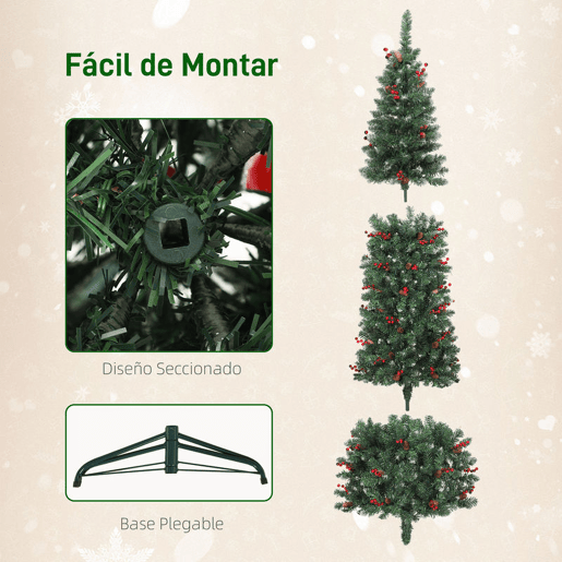 HOMCOM Árvore de Natal Slim 230 cm Árvore de Natal Artificial com Luzes LED Branco Quente 8 Modos de Iluminação 761 Ramos com Purpurina Prateada Pinhas Bagas e Suporte Metálico Verde