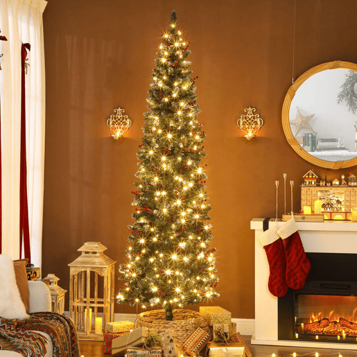 HOMCOM Árvore de Natal Slim 230 cm Árvore de Natal Artificial com Luzes LED Branco Quente 8 Modos de Iluminação 761 Ramos com Purpurina Prateada Pinhas Bagas e Suporte Metálico Verde