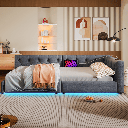 Sofá-cama 90x200 cm - com estrado, sem colchão, iluminação ambiente com comando, cabeceira capitoné, USB+Tipo-C, linho - cinzento