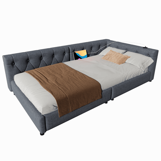 Sofá-cama 90x200 cm - com estrado, sem colchão, iluminação ambiente com comando, cabeceira capitoné, USB+Tipo-C, linho - cinzento