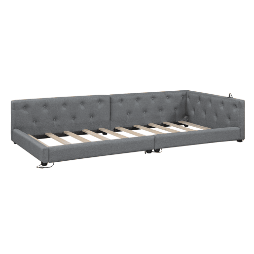 Sofá-cama 90x200 cm - com estrado, sem colchão, iluminação ambiente com comando, cabeceira capitoné, USB+Tipo-C, linho - cinzento
