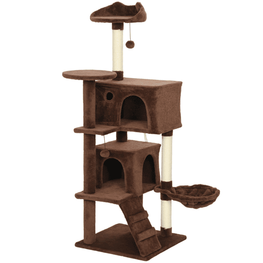 PawHut Arranhador para Gatos 140 cm Torre de Escalada com Múltiplas Plataformas Cama 2 Cavernas Rede Escada Postes de Sisal Bolas para Brincar Marrom