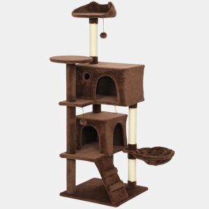 PawHut Arranhador para Gatos 140 cm Torre de Escalada com Múltiplas Plataformas Cama 2 Cavernas Rede Escada Postes de Sisal Bolas para Brincar Marrom