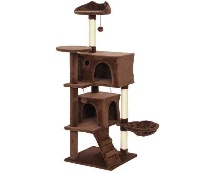Pawhut árbol rascador para gatos, árbol para gatos 140 cm, torre escalador con múltiples plataformas, cama, 2 cuevas, hamaca, escalera, postes de sisal, bolas para jugar, marrón