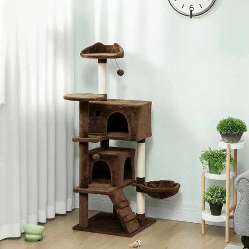 PawHut Arranhador para Gatos 140 cm Torre de Escalada com Múltiplas Plataformas Cama 2 Cavernas Rede Escada Postes de Sisal Bolas para Brincar Marrom