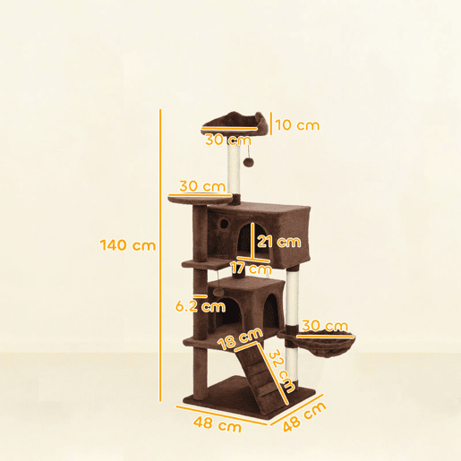 PawHut Arranhador para Gatos 140 cm Torre de Escalada com Múltiplas Plataformas Cama 2 Cavernas Rede Escada Postes de Sisal Bolas para Brincar Marrom