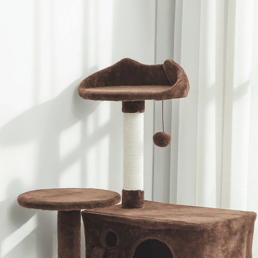 PawHut Arranhador para Gatos 140 cm Torre de Escalada com Múltiplas Plataformas Cama 2 Cavernas Rede Escada Postes de Sisal Bolas para Brincar Marrom