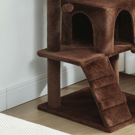 PawHut Arranhador para Gatos 140 cm Torre de Escalada com Múltiplas Plataformas Cama 2 Cavernas Rede Escada Postes de Sisal Bolas para Brincar Marrom