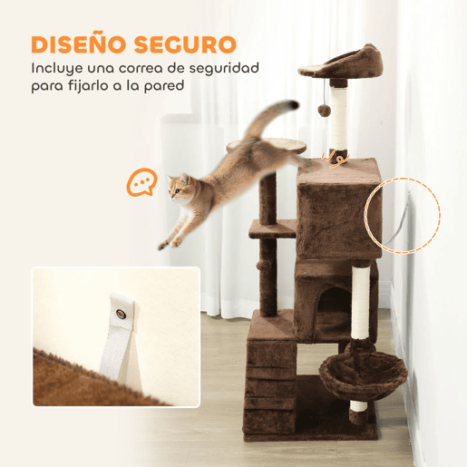 PawHut Arranhador para Gatos 140 cm Torre de Escalada com Múltiplas Plataformas Cama 2 Cavernas Rede Escada Postes de Sisal Bolas para Brincar Marrom