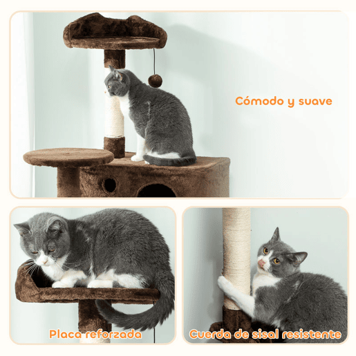 PawHut Arranhador para Gatos 140 cm Torre de Escalada com Múltiplas Plataformas Cama 2 Cavernas Rede Escada Postes de Sisal Bolas para Brincar Marrom