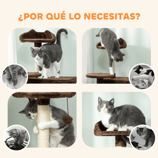 PawHut Arranhador para Gatos 140 cm Torre de Escalada com Múltiplas Plataformas Cama 2 Cavernas Rede Escada Postes de Sisal Bolas para Brincar Marrom