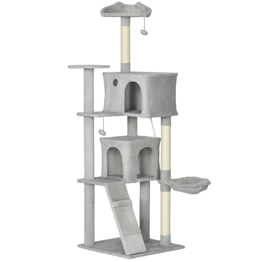 Pawhut árbol rascador para gatos, árbol para gatos 180 cm, torre escalador con múltiples plataformas, cama, 2 cuevas, hamaca, escalera, postes de sisal, bolas para jugar, gris claro