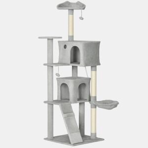 PawHut Arranhador para Gatos 180 cm Torre de Escalada com Múltiplas Plataformas Cama 2 Cavernas Rede Escada Postes de Sisal Bolas para Brincar Cinza