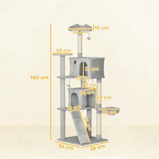 PawHut Arranhador para Gatos 180 cm Torre de Escalada com Múltiplas Plataformas Cama 2 Cavernas Rede Escada Postes de Sisal Bolas para Brincar Cinza