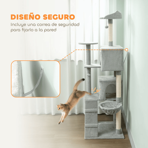 PawHut Arranhador para Gatos 180 cm Torre de Escalada com Múltiplas Plataformas Cama 2 Cavernas Rede Escada Postes de Sisal Bolas para Brincar Cinza