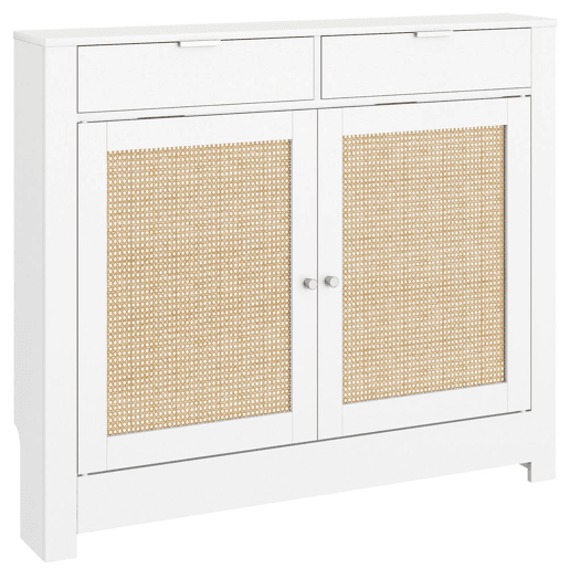 HOMCOM Cobertura para Radiador com Portas Rebatíveis e Vime Proteção Radiador de MDF 111x19x95,5 cm com Compartimento Desenho Boémio para Sala Quarto Branco