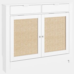 HOMCOM Cobertura para Radiador com Portas Rebatíveis e Vime Proteção Radiador de MDF 111x19x95,5 cm com Compartimento Desenho Boémio para Sala Quarto Branco