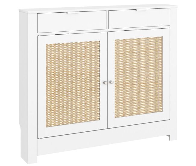 Homcom cubre radiadores con puertas abatibles y ratán, cubreradiador de mdf, 111x19x95,5 cm, cubierta para radiador, 2 compartimentos, diseño bohemio, para salón, dormitorio, blanco