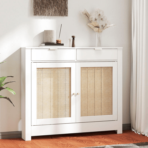 HOMCOM Cobertura para Radiador com Portas Rebatíveis e Vime Proteção Radiador de MDF 111x19x95,5 cm com Compartimento Desenho Boémio para Sala Quarto Branco