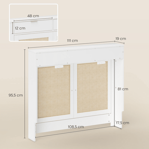 HOMCOM Cobertura para Radiador com Portas Rebatíveis e Vime Proteção Radiador de MDF 111x19x95,5 cm com Compartimento Desenho Boémio para Sala Quarto Branco