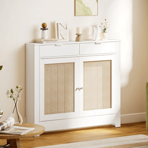 HOMCOM Cobertura para Radiador com Portas Rebatíveis e Vime Proteção Radiador de MDF 111x19x95,5 cm com Compartimento Desenho Boémio para Sala Quarto Branco