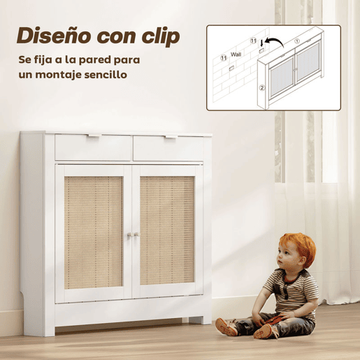 HOMCOM Cobertura para Radiador com Portas Rebatíveis e Vime Proteção Radiador de MDF 111x19x95,5 cm com Compartimento Desenho Boémio para Sala Quarto Branco