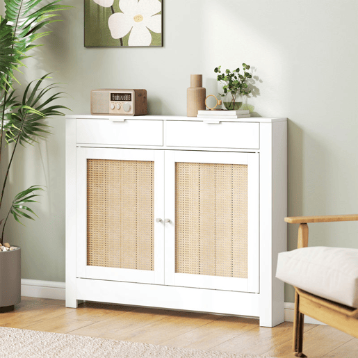 HOMCOM Cobertura para Radiador com Portas Rebatíveis e Vime Proteção Radiador de MDF 111x19x95,5 cm com Compartimento Desenho Boémio para Sala Quarto Branco