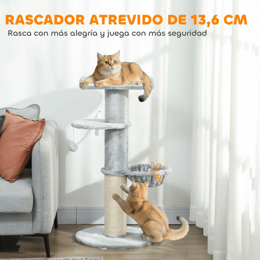 PawHut Arranhador para Gatos 103,5 cm Torre para Gatos com Cama Rede Plataforma Poste de Sisal Extra Grosso Bola Pendurada Cinza Claro