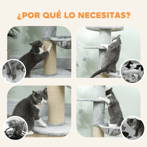 PawHut Arranhador para Gatos 103,5 cm Torre para Gatos com Cama Rede Plataforma Poste de Sisal Extra Grosso Bola Pendurada Cinza Claro