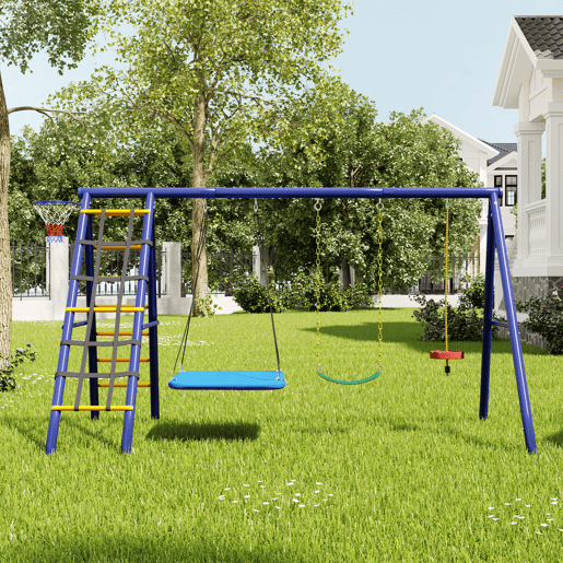 Conjunto de baloiços multifuncionais para exterior - 3 baloiços + estrutura para escalada + cesto de basquetebol, combinação de baloiços para exterior, baloiço suspenso, baloiço com cinto, baloiço com corda para escalada, paraíso de jogos para exterior