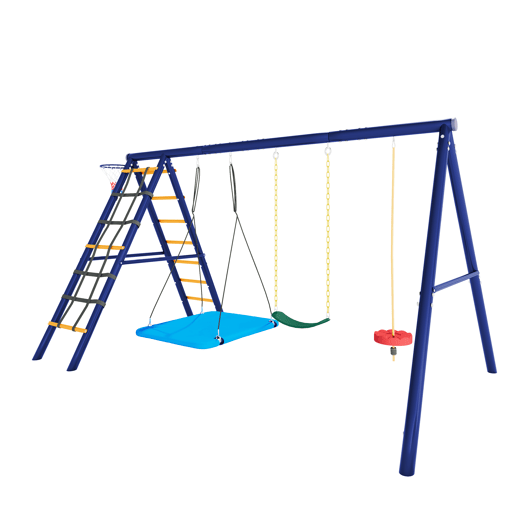 Conjunto de baloiços multifuncionais para exterior - 3 baloiços + estrutura para escalada + cesto de basquetebol, combinação de baloiços para exterior, baloiço suspenso, baloiço com cinto, baloiço com corda para escalada, paraíso de jogos para exterior