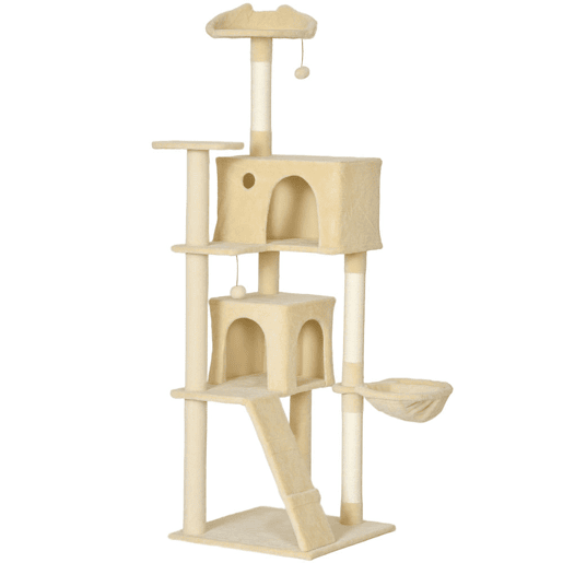 PawHut Arranhador para Gatos 180 cm Torre de Escalada com Múltiplas Plataformas Cama 2 Cavernas Rede Escada Postes de Sisal Bolas para Brincar Bege