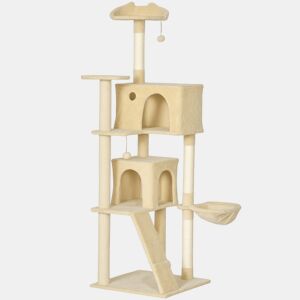 PawHut Arranhador para Gatos 180 cm Torre de Escalada com Múltiplas Plataformas Cama 2 Cavernas Rede Escada Postes de Sisal Bolas para Brincar Bege
