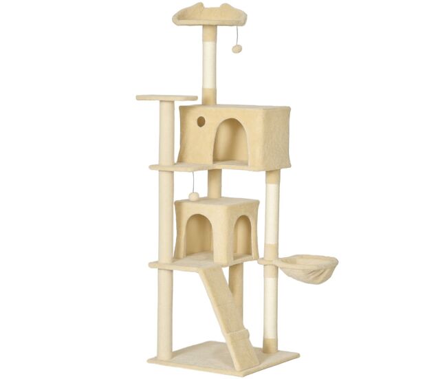 Pawhut árbol rascador para gatos, árbol para gatos 180 cm, torre escalador con múltiples plataformas, cama, 2 cuevas, hamaca, escalera, 3 postes de sisal, bolas para jugar, beige