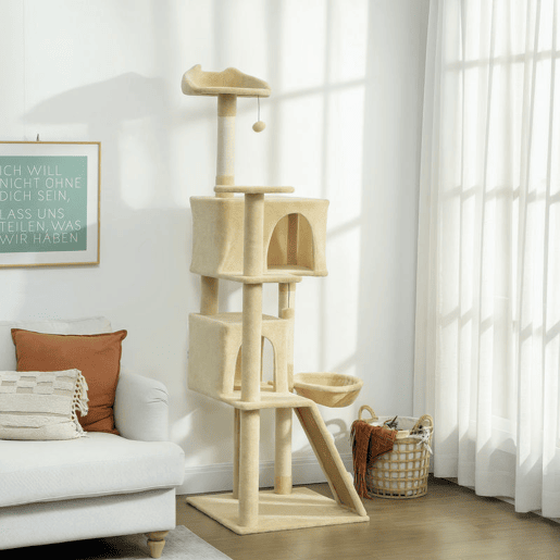 PawHut Arranhador para Gatos 180 cm Torre de Escalada com Múltiplas Plataformas Cama 2 Cavernas Rede Escada Postes de Sisal Bolas para Brincar Bege