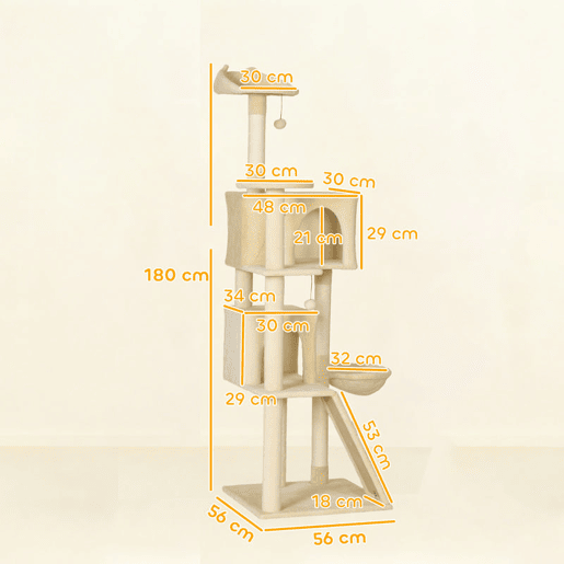 PawHut Arranhador para Gatos 180 cm Torre de Escalada com Múltiplas Plataformas Cama 2 Cavernas Rede Escada Postes de Sisal Bolas para Brincar Bege