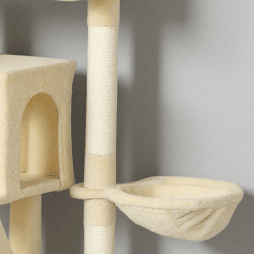 PawHut Arranhador para Gatos 180 cm Torre de Escalada com Múltiplas Plataformas Cama 2 Cavernas Rede Escada Postes de Sisal Bolas para Brincar Bege