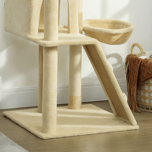 PawHut Arranhador para Gatos 180 cm Torre de Escalada com Múltiplas Plataformas Cama 2 Cavernas Rede Escada Postes de Sisal Bolas para Brincar Bege