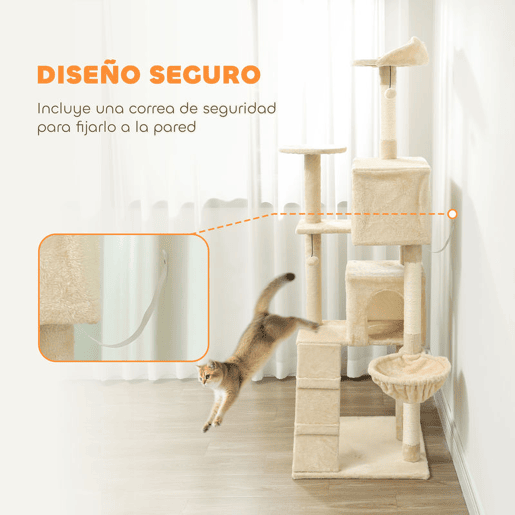 PawHut Arranhador para Gatos 180 cm Torre de Escalada com Múltiplas Plataformas Cama 2 Cavernas Rede Escada Postes de Sisal Bolas para Brincar Bege