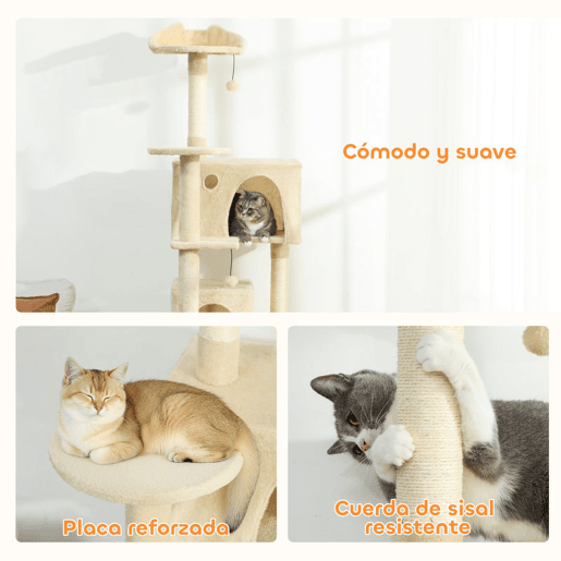 PawHut Arranhador para Gatos 180 cm Torre de Escalada com Múltiplas Plataformas Cama 2 Cavernas Rede Escada Postes de Sisal Bolas para Brincar Bege