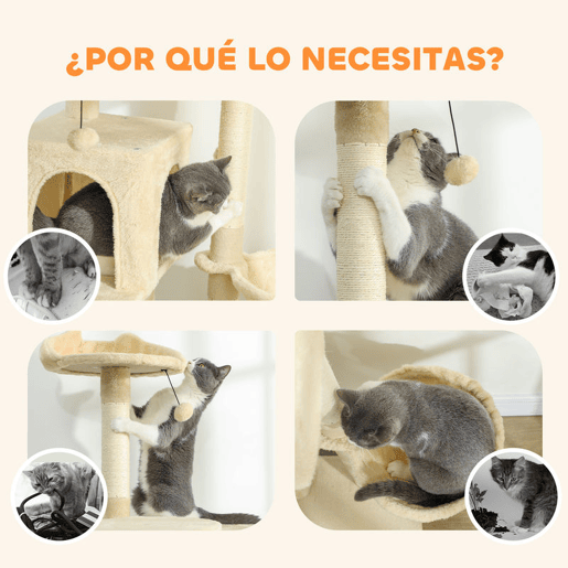 PawHut Arranhador para Gatos 180 cm Torre de Escalada com Múltiplas Plataformas Cama 2 Cavernas Rede Escada Postes de Sisal Bolas para Brincar Bege