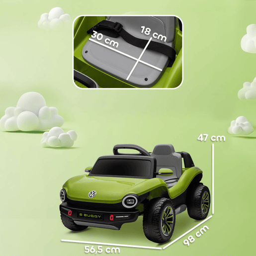 AIYAPLAY Carro Elétrico para Crianças acima de 3 Anos Volkswagen E-Buggy Bateria 12V com Controlo Remoto 2,4 G Rodas com Suspensão Faróis LED Música USB e Motor Duplo 98x56,5x47 cm Verde