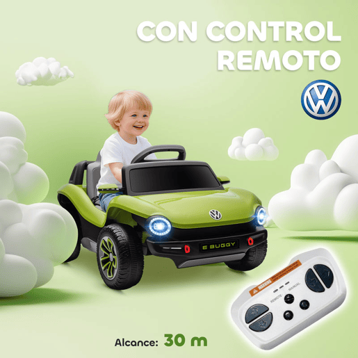 AIYAPLAY Carro Elétrico para Crianças acima de 3 Anos Volkswagen E-Buggy Bateria 12V com Controlo Remoto 2,4 G Rodas com Suspensão Faróis LED Música USB e Motor Duplo 98x56,5x47 cm Verde