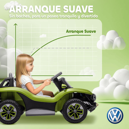 AIYAPLAY Carro Elétrico para Crianças acima de 3 Anos Volkswagen E-Buggy Bateria 12V com Controlo Remoto 2,4 G Rodas com Suspensão Faróis LED Música USB e Motor Duplo 98x56,5x47 cm Verde