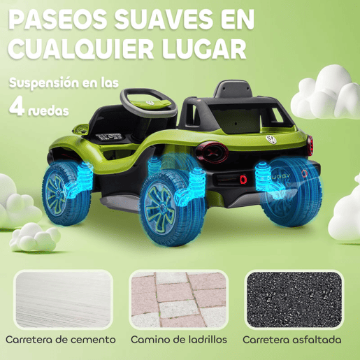 AIYAPLAY Carro Elétrico para Crianças acima de 3 Anos Volkswagen E-Buggy Bateria 12V com Controlo Remoto 2,4 G Rodas com Suspensão Faróis LED Música USB e Motor Duplo 98x56,5x47 cm Verde