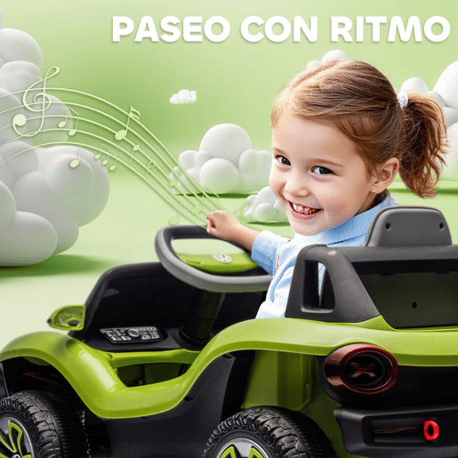 AIYAPLAY Carro Elétrico para Crianças acima de 3 Anos Volkswagen E-Buggy Bateria 12V com Controlo Remoto 2,4 G Rodas com Suspensão Faróis LED Música USB e Motor Duplo 98x56,5x47 cm Verde