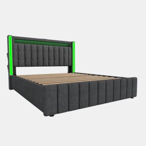 Cama estofada 140x200 cm - função de carregamento USB Tipo C, luz LED e 4 gavetas - Cinza