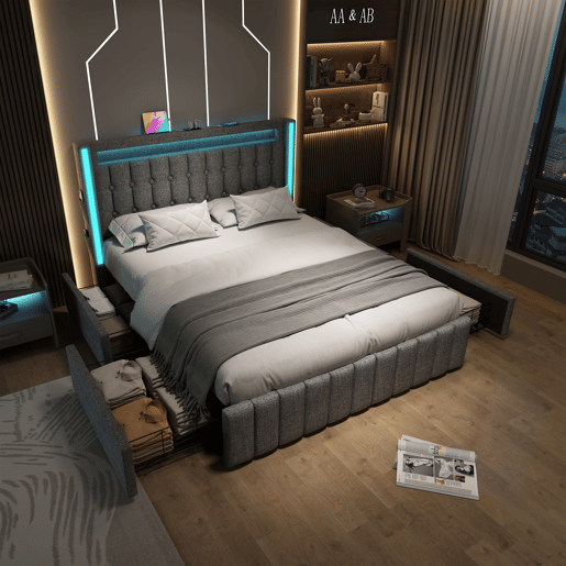 Cama estofada 140x200 cm - função de carregamento USB Tipo C, luz LED e 4 gavetas - Cinza